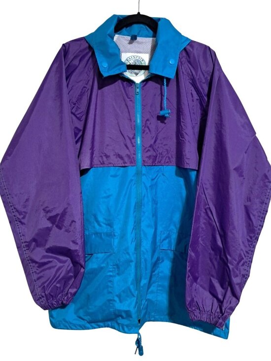 Vintage 90s Rainfair Jazzy Windbreaker Purple & Teal Hooded Jacket Size L Nylon - Picture 1 of 10